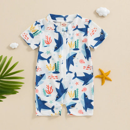 Maillot de bain anti-éruption pour tout-petit garçon, barboteuse à fermeture éclair et manches courtes, imprimé baleine/dinosaure, maillot de bain pour bébé, 3 mois à 3 ans
