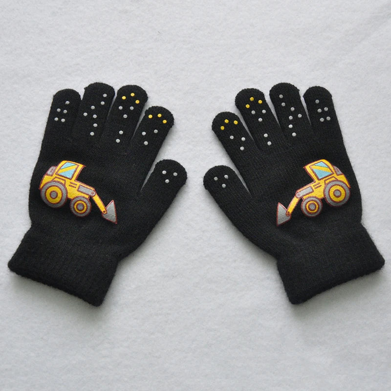 5-11Y Children Cartoon Vehicle Plush Warm Gloves For Boys Girls Student Winter Knitted Mittens Outdoor Cycling Skiing Gloves New