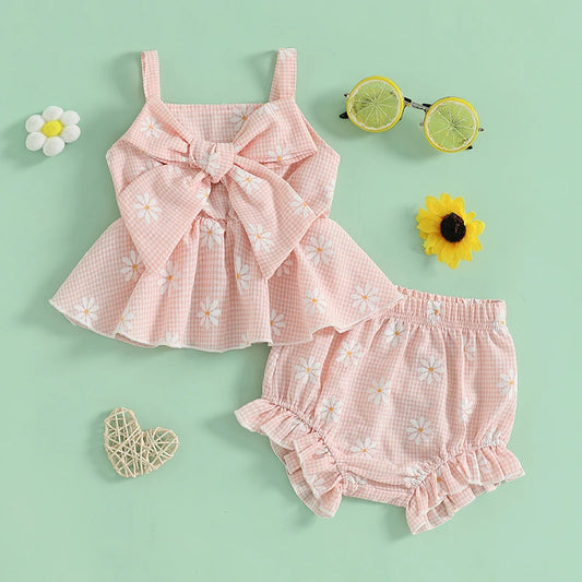 Tenues d'été pour bébés filles : ensemble débardeur sans manches et short élastique à gros nœud imprimé marguerites