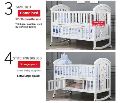 2025New Solid Wood Baby Crib Movable Splicing Bed Multifunctional Baby Rocking Bed Adjustable Guardrail Height with Mosquito Net