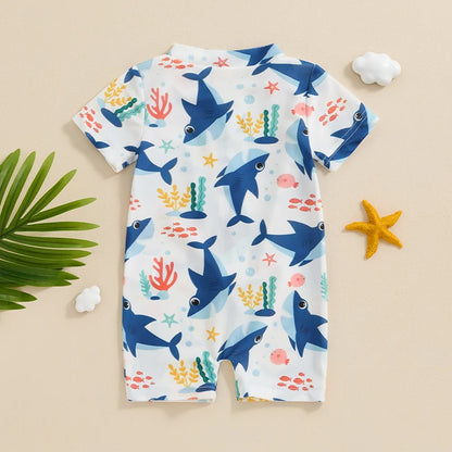 Maillot de bain anti-éruption pour tout-petit garçon, barboteuse à fermeture éclair et manches courtes, imprimé baleine/dinosaure, maillot de bain pour bébé, 3 mois à 3 ans