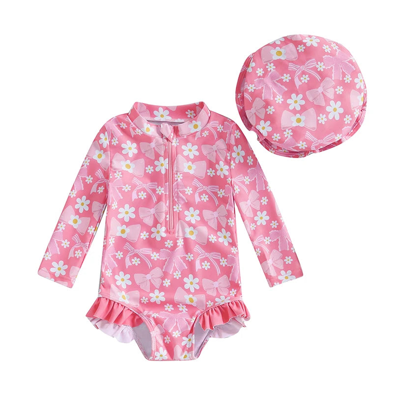 Maillot de bain rashguard à manches longues pour fille avec imprimé nœud et chapeau assorti pour s'amuser à la plage et à la piscine
