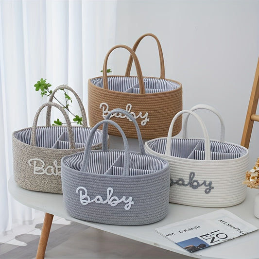 1pc Stylish Woven Storage Basket For Baby Diapers And Essentials, 3 Compartments Portable Storage Basket, Feeding Bottle Diaper Mother Bag, Portable Cotton Rope Diaper Organizer For Changing Table, Perfect For Daily Use