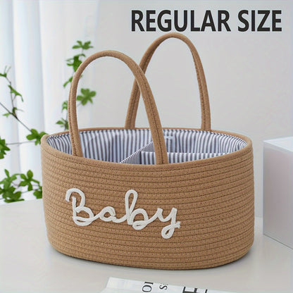 1pc Stylish Woven Storage Basket For Baby Diapers And Essentials, 3 Compartments Portable Storage Basket, Feeding Bottle Diaper Mother Bag, Portable Cotton Rope Diaper Organizer For Changing Table, Perfect For Daily Use